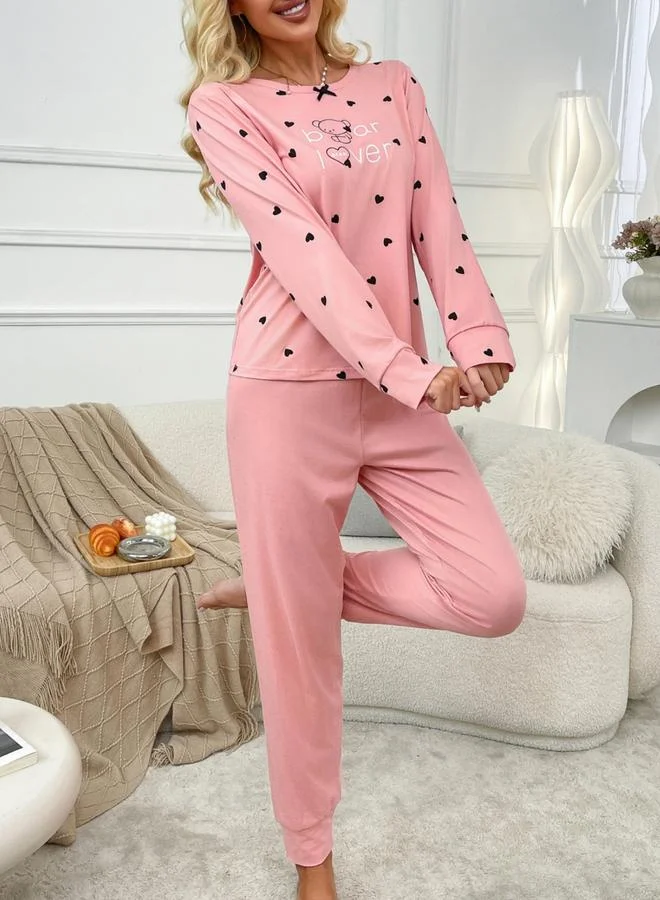 Take Two pink Love-Heart Graphic Printed T-Shirt and Pyjama Set for Women | Best Price UAE